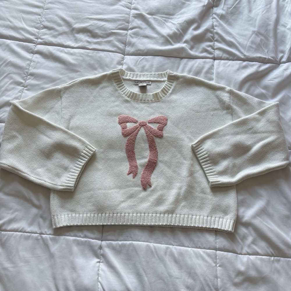 Womens Large Knit Sweater Cozy Pink Bow Cottagecore Feminine Cropped‎ Dreamcore
